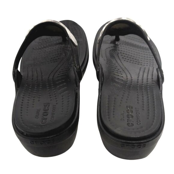 Crocs Sanrah Hammered Medallion Circle Wedge Black Thong Sandals Womens Size 8 - Picture 4 of 8